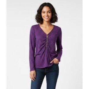 Michael Kors Purple & Black Striped V-Neck & Gold Logo Zip Accent Casual Top